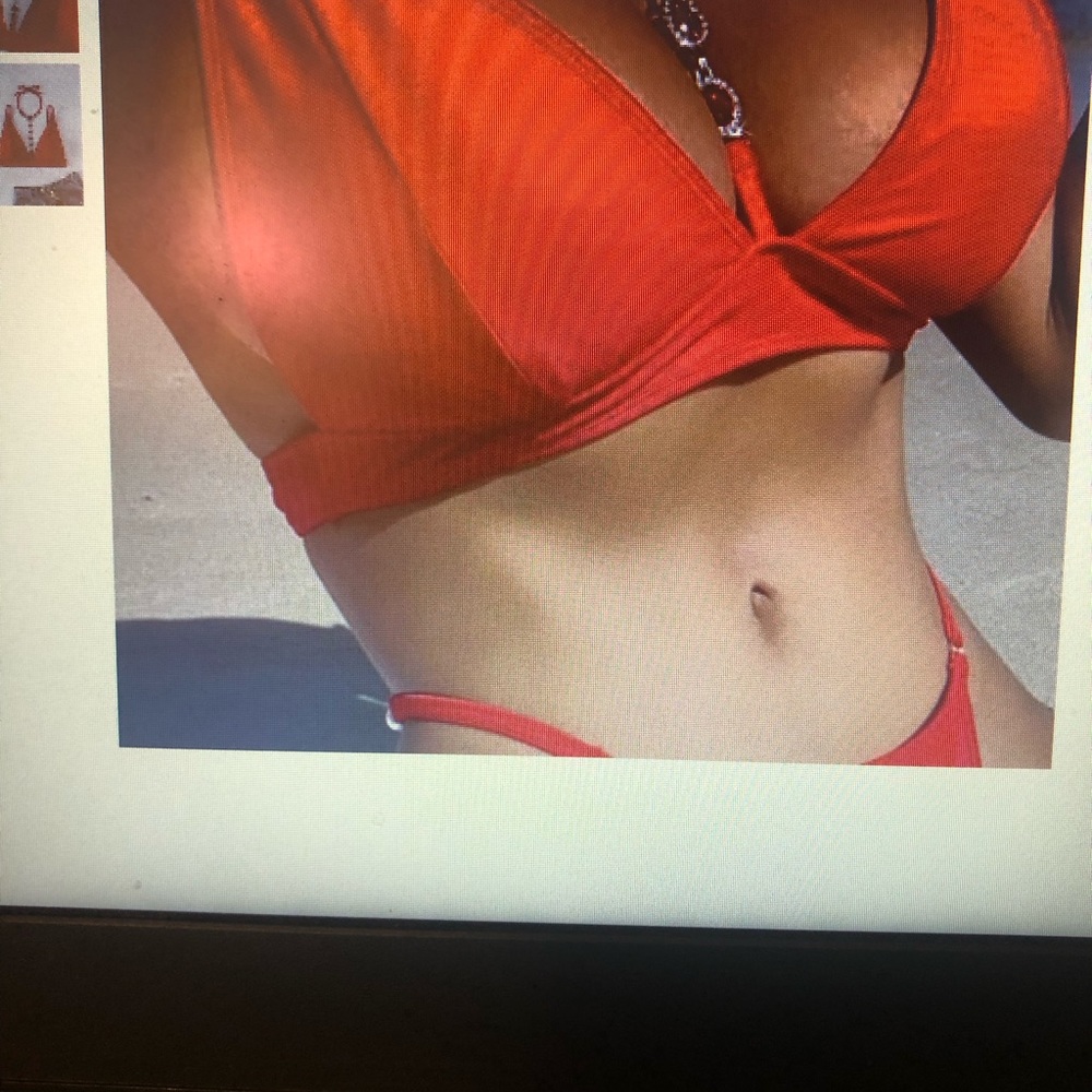 Gem Detail Tied Backless Bikini Top Chain Link Bikini Bottom (Red) Size Medium - Picture 11 of 12
